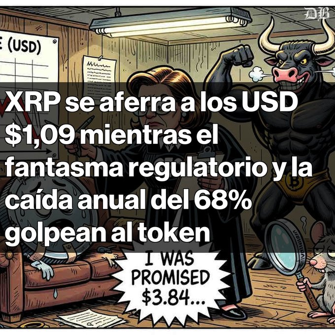 Cartoon-style crypto news graphic showing a lawyer figure with a bull and rat, with Spanish text reading 'XRP se aferra a los USD $1,09 mientras el fantasma regulatorio y la caída anual del 68% golpean al token' and a speech bubble saying 'I WAS PROMISED $3.84...'