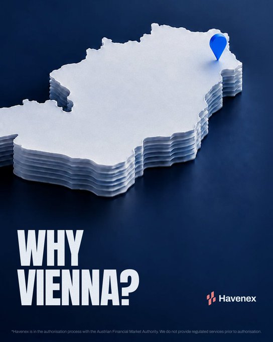 An advertisement for Havenex reading 'WHY VIENNA?' featuring a stylized 3D white map with a blue location pin, noting the company is in the authorisation process with the Austrian Financial Market Authority.