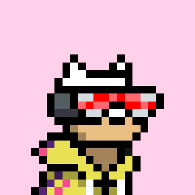 A pixel art illustration of a character wearing a white hat and red visor/goggles against a solid pink background, reminiscent of retro video game sprites.