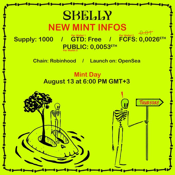 A bright yellow-green promotional graphic for 'SKELLY' NFT mint, detailing supply of 1000, GTD Free mint, FCFS at 0.0026 ETH, public mint at 0.0053 ETH, on Robinhood chain launching on OpenSea on August 13 at 6:00 PM GMT+3, featuring skeleton illustrations.