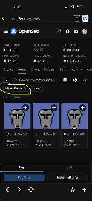 Mobile screenshot of the OpenSea marketplace (opensea.io) displaying search results for "Mask: Doom" with three items listed, each priced at approximately 1,524-2,523 WETH, against a floor price of 0.174 ETH and 24H volume of 60.59 ETH.