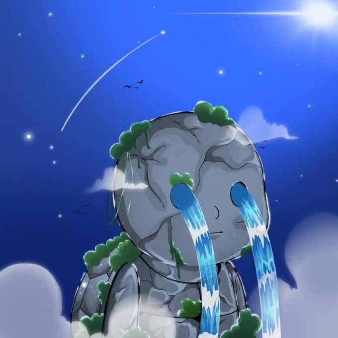 A melancholic stone creature weeps waterfalls from its eyes under a starry night sky with a shooting star, its moss-covered head bowed in sorrow among the clouds. The image visually echoes the Turtle Tribe NFT giveaway theme, with the emotional, stone-statue aesthetic reinforcing the project's tone of mythical, heartfelt storytelling.