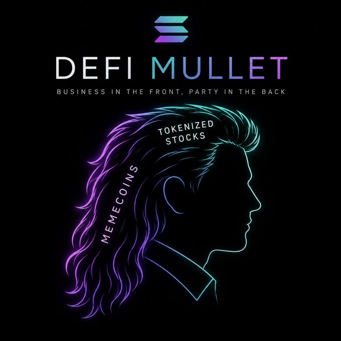 A neon-styled graphic for 'DEFI MULLET' with the tagline 'BUSINESS IN THE FRONT, PARTY IN THE BACK,' depicting a silhouette of a person with the front labeled 'TOKENIZED STOCKS' and the long hair labeled 'MEMECOINS.'