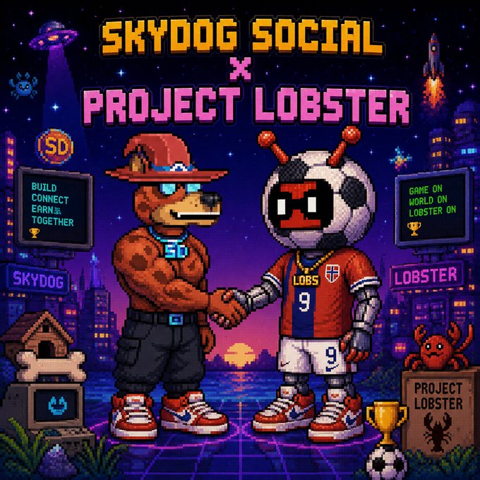 A pixel art illustration with the text 'SKYDOG SOCIAL X PROJECT LOBSTER' showing a dog in a hat shaking hands with a soccer ball-headed robot character, surrounded by a 'BUILD CONNECT EARN TOGETHER' sign and a 'GAME ON WORLD ON LOBSTER ON' sign.