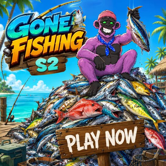 The image features a cartoon monkey sitting atop a pile of fish. The monkey appears to be smiling as if he has just caught some fish, possibly for a game or competition called "Gone Fishing S2". There are several fish scattered around the monkey's position on top of the pile, indicating that they have been caught in various ways by different players during this game session. The post also includes information about the game and its prizes, such as the number of APE prize pools available for players to win and the total number of fish caught by the participants.
