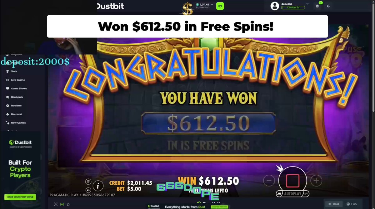 The image shows a website called "@Dustbitofficial" that offers free spins as a win. It has a banner at the top of the screen with the text "Congratulations! You have won!". The website also provides information about the casino, including details on its location and the types of games available.