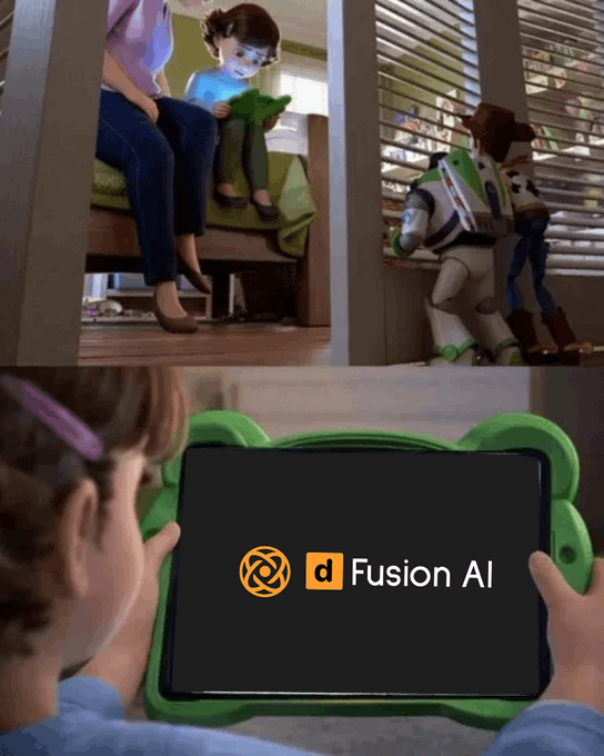 A collage featuring Toy Story characters Woody and Buzz Lightyear looking through window blinds, alongside images of a child playing with a tablet displaying 'Fusion AI'.