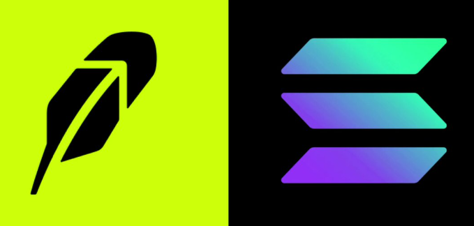 The image shows the Robinhood Chain logo (a stylized black feather/quill on a yellow background) alongside the Solana logo (three stacked horizontal bars with a purple-to-teal gradient on black), symbolizing the migration of capital from Robinhood Chain back to Solana.