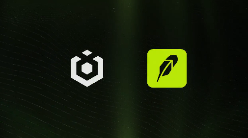 Two cryptocurrency logos displayed on a dark background: a white hexagonal/cube icon on the left and a green feather/leaf icon on the right.