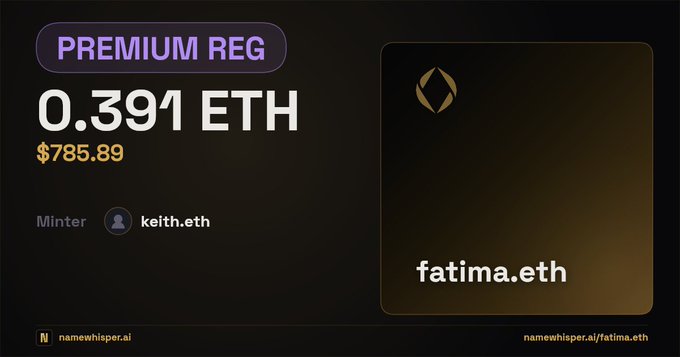 The image displays an advertisement for premium registration services with a focus on Ethereum. The poster features a logo of a person's face wearing a mask, symbolizing anonymity or privacy related to cryptocurrency transactions. The text on the poster indicates that users can join the premium service and claim their name as Fatima.eth. It also mentions eight names pulled from the last 30 days, possibly indicating some sort of reward system for premium registration. Furthermore, it displays an interesting fact about how many Wikipedia views this account has been accumulating, and the cryptocurrency wallet's balance at 864 Ethereum. The color scheme of the advertisement consists mainly of blue, purple, and yellow hues.