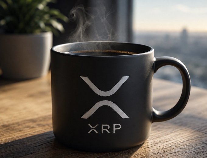 A black ceramic mug filled with steaming hot coffee featuring the XRP cryptocurrency logo in white, placed on a wooden table with a city skyline visible in the background.