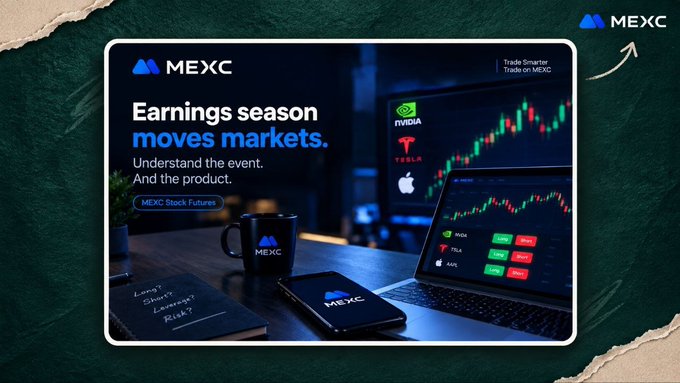 A MEXC promotional image reads 'Earnings season moves markets. Understand the event. And the product.' with a button labeled 'MEXC Stock Futures', featuring a desk setup with a mug, laptop, and monitors showing stock charts for NVIDIA, Tesla, and Apple.