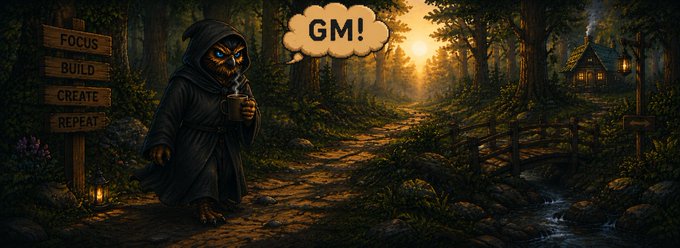 A fantasy illustration of a hooded figure with glowing eyes saying "GM!" in a speech bubble, standing near a wooden signpost reading "FOCUS, BUILD, CREATE, REPEAT" in a sunlit forest with a cottage in the background.