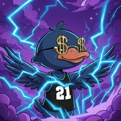 The image features a cartoon duck wearing glasses and a black jersey with the number 21 on it. The duck has its wings spread wide open as if ready for takeoff or flight. The background of the image is filled with purple lightning bolts, creating an intense atmosphere. The caption above the image reads "Good Night I've spent time digging into @wallchain and it stands out in a clear way It quietly measures real influence on X, not just numbers, but the quality of what people create and who actually listens Creators earn steady points through honest activity, while projects".