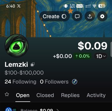 A mobile app screenshot showing a profile named 'Lemzki' with $0.09, 24 following, and 0 followers, against a starry night background.