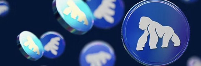 3D-rendered cryptocurrency coins featuring a gorilla/bigfoot logo on a dark blue background.
