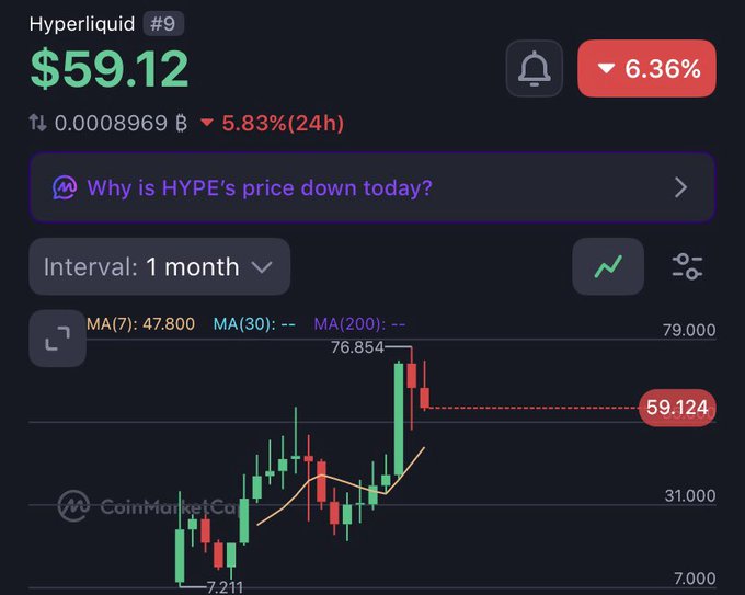A cryptocurrency price chart from CoinMarketCap showing 'Hyperliquid #9' (HYPE) at $59.12, down 5.83% in 24 hours, with a 1-month candlestick interval chart displayed below.