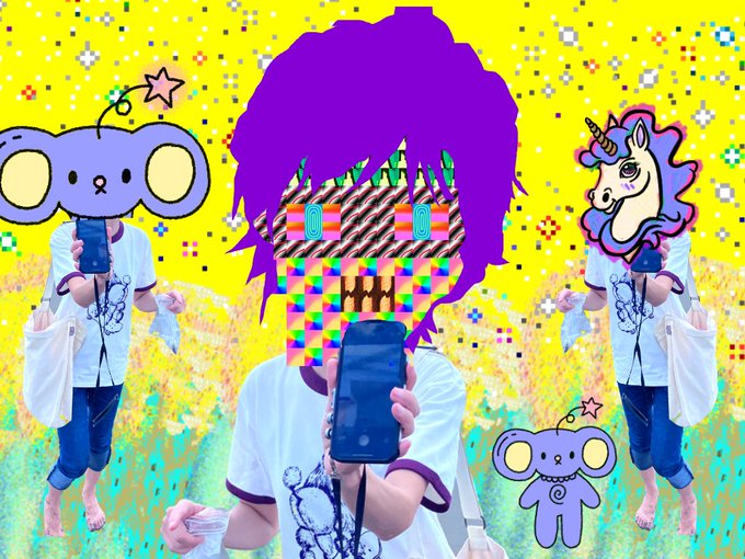 A colorful digital collage shows a person taking a mirror selfie with their face obscured by purple hair and rainbow pixelated bars, surrounded by cartoon monkey and unicorn illustrations.