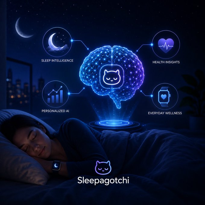 A "Sleepagotchi" promotional graphic shows a woman sleeping while a holographic brain displays features like "SLEEP INTELLIGENCE" and "HEALTH INSIGHTS."