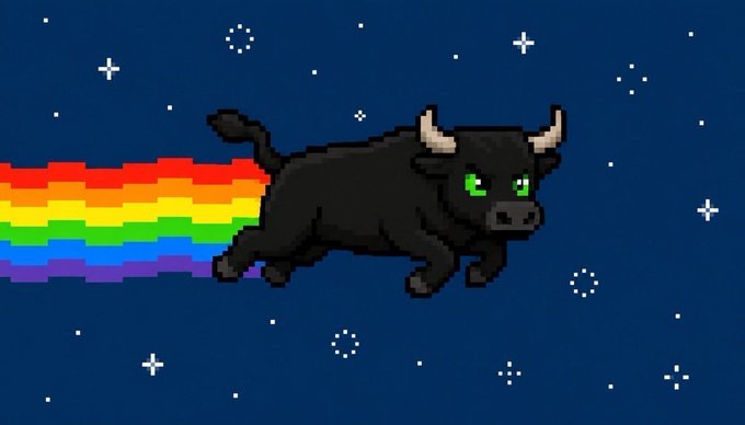 Pixel art of a black bull with white horns and green eyes flying through a starry night sky, leaving a pixelated rainbow trail behind it.