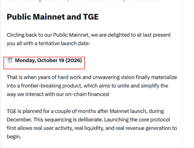 The image displays an announcement titled "Public Mainnet and TGE," highlighting a tentative mainnet launch date of Monday, October 19 (2026), with the Token Generation Event (TGE) planned for a couple of months later in December. This aligns with the accompanying post about Soul Protocol ($SO), emphasizing their product-first approach by launching the core protocol before the token to enable real user activity, liquidity, and revenue generation.