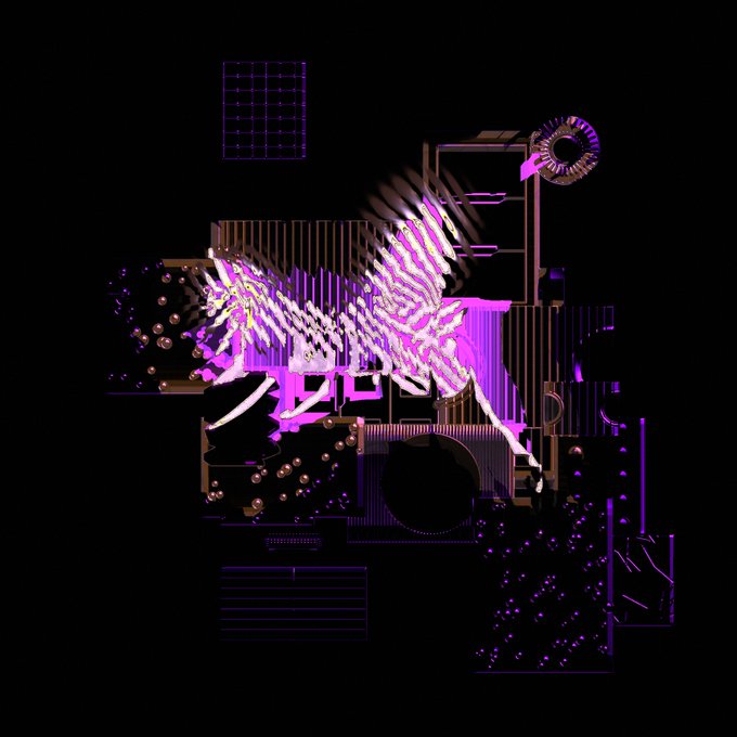A vibrant purple and black digital art piece featuring abstract geometric shapes, wing-like patterns, and metallic accents.