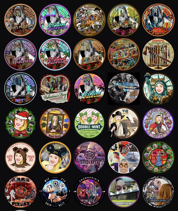 A collage of circular NFT badges featuring various designs, including references to the Metaverse, Paris, NYC, and Mona Lisa.