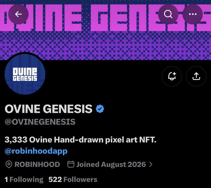 A social media profile page for 'OVINE GENESIS' (@OVINEGENESIS) with a verified badge, describing it as a '3,333 Ovine Hand-drawn pixel art NFT' account on @robinhoodapp, showing 522 followers.