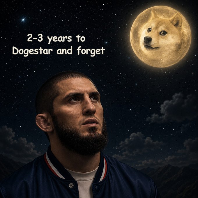 A man gazes up at a Doge-faced moon under a starry night sky, with text reading "2-3 years to Dogestar and forget," referencing the Dogecoin community's vision of sending Doge to the moon and the 3rd place 0.1 ETH meme coin contest winner.
