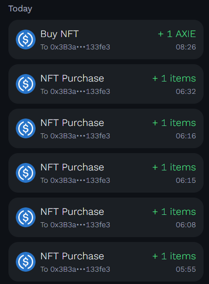 The image displays a transaction history titled "Today," showing six NFT purchases from an AXIE-related wallet (To 0x3B3a···133fe3) made between 05:55 and 08:26. The post humorously reflects on how waking up early led to impulsively buying 6 Axies in the morning, matching the transaction log shown.