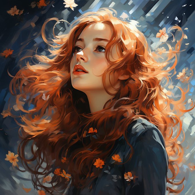 A digital painting of a woman with flowing red hair, looking upwards amidst falling orange flowers and a blue-toned abstract background.