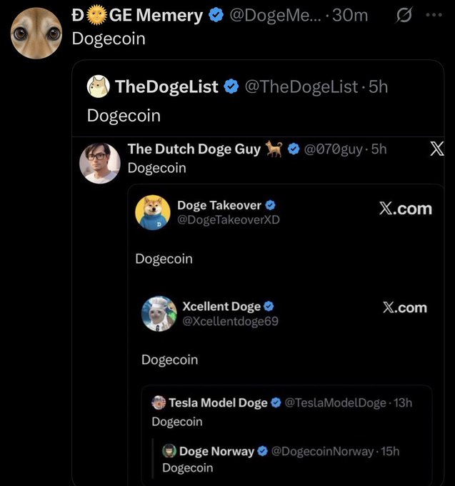 A screenshot of a Twitter/X feed showing multiple accounts like 'Doge Memory', 'TheDogeList', 'The Dutch Doge Guy', 'Doge Takeover', and 'Xcellent Doge' all posting about Dogecoin.