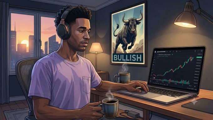 An illustrated scene of a man wearing headphones working on a laptop showing a stock chart, with a "BULLISH" poster featuring a charging bull on the wall behind him.
