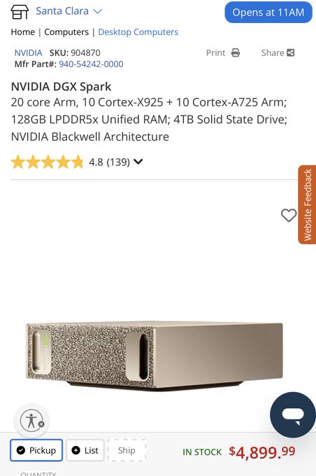 A Best Buy product listing for the NVIDIA DGX Spark desktop computer (SKU 904870) priced at $4,899.99, featuring a 20-core Arm processor, 128GB RAM, 4TB SSD, and NVIDIA Blackwell Architecture.