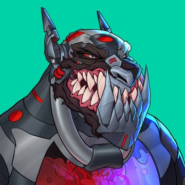 A menacing robotic hound with metallic jaws bared in a fierce snarl and glowing red eyes, showcasing the artwork of a Mutant Hound NFT from the Mutant Cartel collection. The cyberpunk-style creature complements the Bored Ape aesthetic mentioned in the post, featuring intricate mechanical detailing and a vibrant teal background that highlights the character's aggressive design.