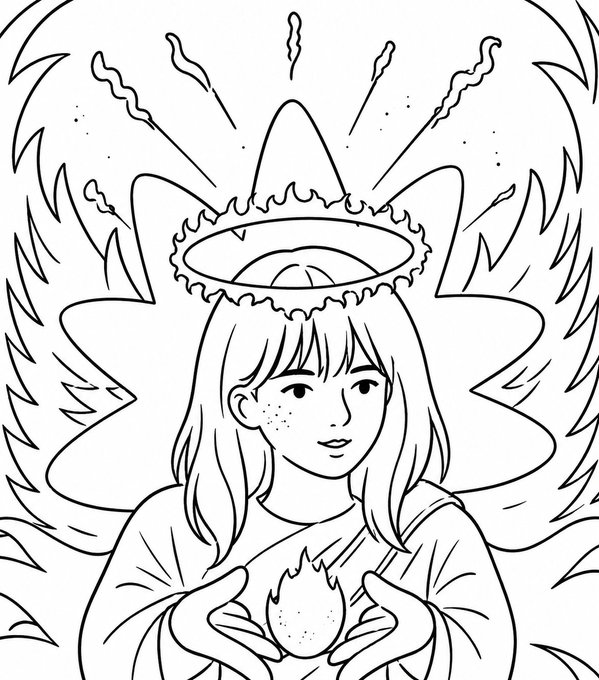 A black and white line drawing of a young girl with freckles wearing a serrated halo or crown, holding a small flame, set against a starburst background with flame-like wing shapes on either side.