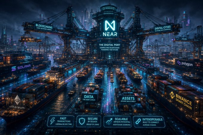 Futuristic promotional graphic for NEAR Protocol featuring 'The Digital Port' with logos for Solana, Polygon, Ethereum, and Binance Smart Chain, highlighting features like fast transactions, secure design, scalable infrastructure, and interoperability.