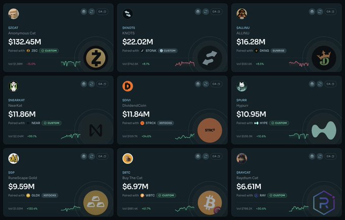 A screenshot of a cryptocurrency or meme coin trading dashboard displaying nine different tokens including $ZCAT ($132.45M), $KNOTS ($22.02M), $ALLINU ($16.28M), $NEARKAT ($11.86M), $D ($11.84M), $HYPU ($10.95M), $GOLD ($9.59M), $WBTC ($6.97M), and $RAY ($6.61M) with their respective pairings and volume changes.