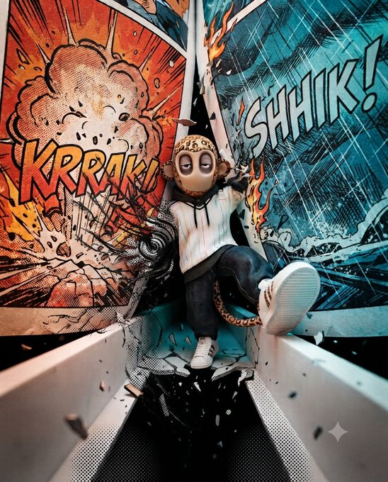 A designer toy figure with painted facial details poses dynamically against a comic-book style backdrop featuring bold "KRRRAKI" and "SHHIIK!" sound effect graphics. The image ties into the GM #NFTcommunity post tagging @akidcalledbeast and #AKCB, which shares a GM (good morning) message with the NFT community.