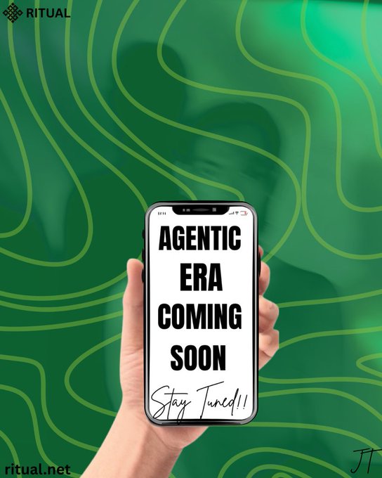 A green promotional graphic from RITUAL (ritual.net) showing a hand holding a phone that displays the message 'AGENTIC ERA COMING SOON — Stay Tuned!!' over a wavy green background.