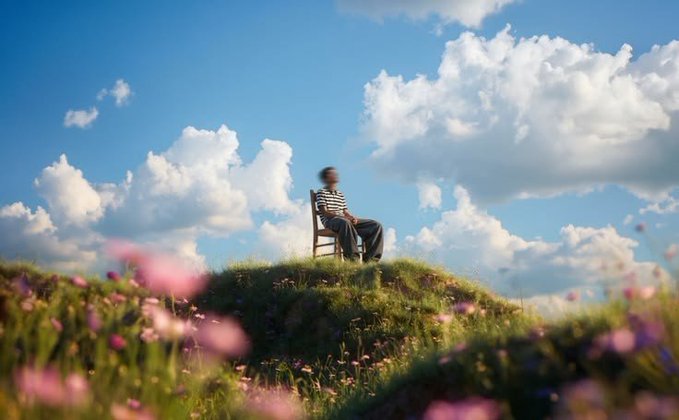 A scenic photo of a person in a striped shirt sitting on a wooden chair atop a grassy hill covered in pink flowers, with a bright blue sky and fluffy white clouds in the background.