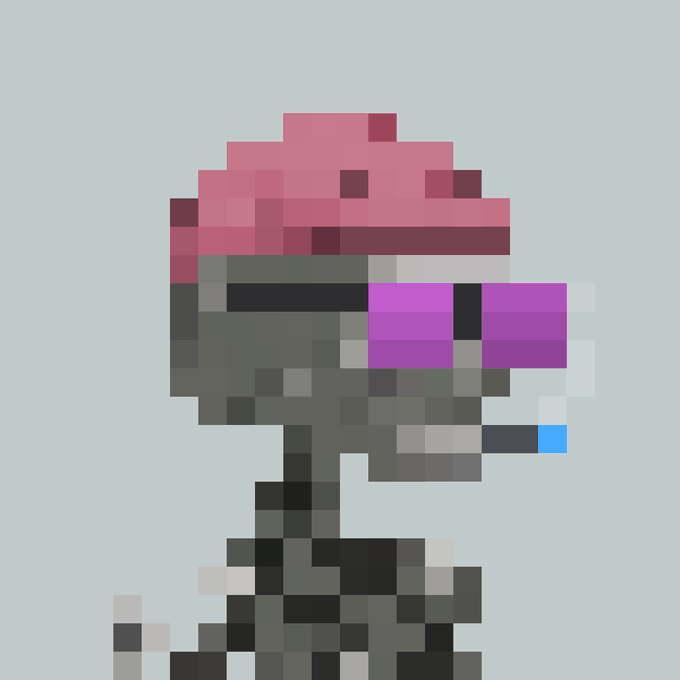 Pixel art depicting a stylized figure with pink hair and purple sunglasses in dark clothing against a light gray background.