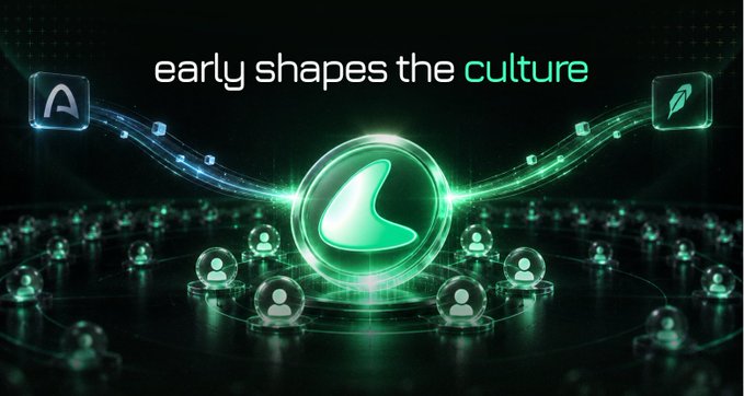A digital graphic featuring the text 'early shapes the culture' with glowing green blockchain tokens and user icons connected by luminous pathways.