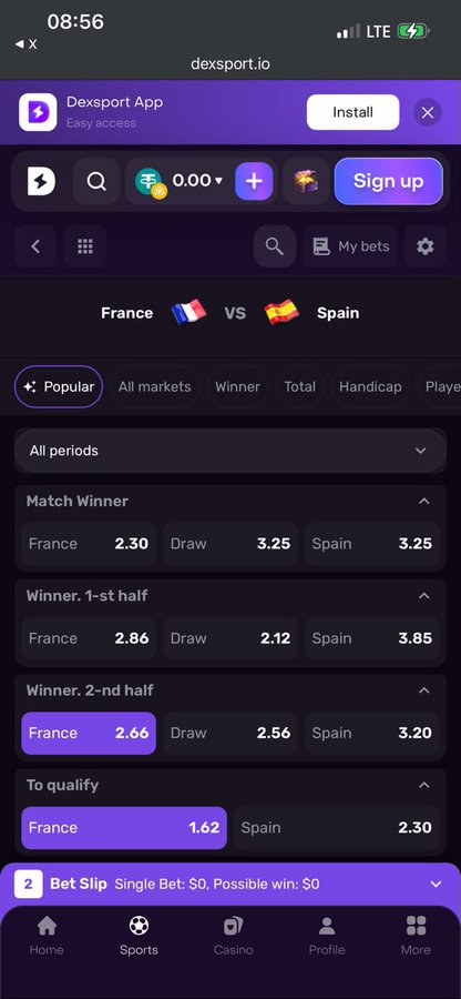 A screenshot of Dexsport.io showing live betting odds for a France vs. Spain match, with France listed as the favorite at 2.30 to win and 1.62 to qualify, demonstrating the platform's real-time sports betting markets referenced in the post.