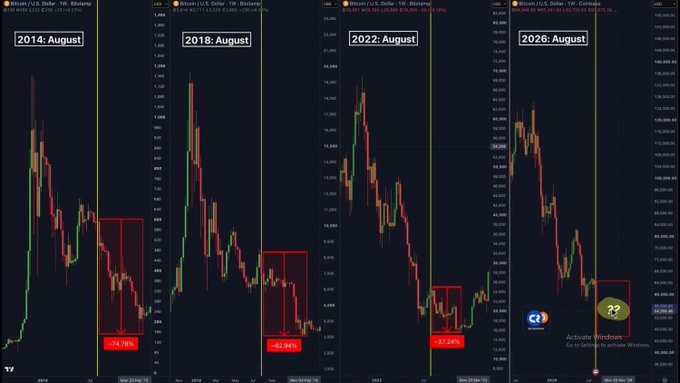 Four Bitcoin/US Dollar weekly candlestick charts from August 2014, 2018, 2022, and 2026 each show percentage drawdowns (-74.76%, -62.81%, -57.74%) highlighted by red boxes.