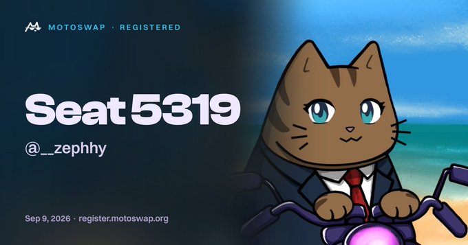 A "MOTOSWAP REGISTERED" seat confirmation card shows "Seat 5319" assigned to @__zephhy with a date of Sep 9, 2026, featuring an illustrated cat wearing a suit riding a motorcycle.