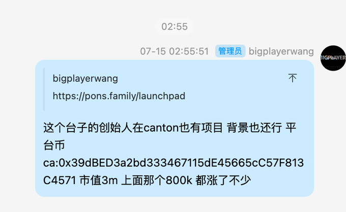 A Chinese chat message from 'bigplayerwang' sharing a link to https://pons.family/launchpad and discussing a Canton project called 平台币 with contract address 'ca:0x39dBED3a2bd333467115dE45665cC57F813C4571' and a market cap of 3m.