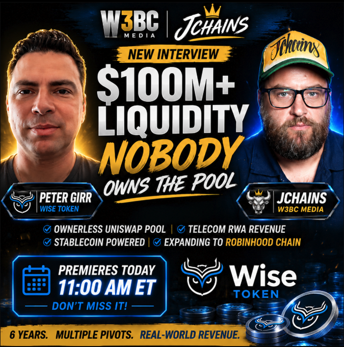 A YouTube thumbnail advertises a W3BC Media interview with "PETER GIRR - WISE TOKEN" and "JCHAINS," promoting "$100M+ LIQUIDITY NOBODY OWNS THE POOL" premiering today at 11:00 AM ET.