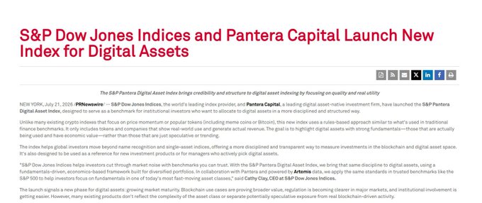 Press release titled 'S&P Dow Jones Indices and Pantera Capital Launch New Index for Digital Assets' dated July 21, 2019, announcing the S&P Pantera Digital Asset Index, with quotes from Cathy Clay, CEO of S&P Dow Jones Indices, and Dan Morehead.