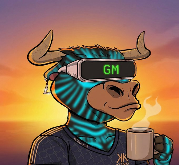 A cartoon bull wearing a VR headset displaying 'GM', holding a steaming mug of coffee against a sunset background, with 'KONGSPACE' and 'KONG' branding.